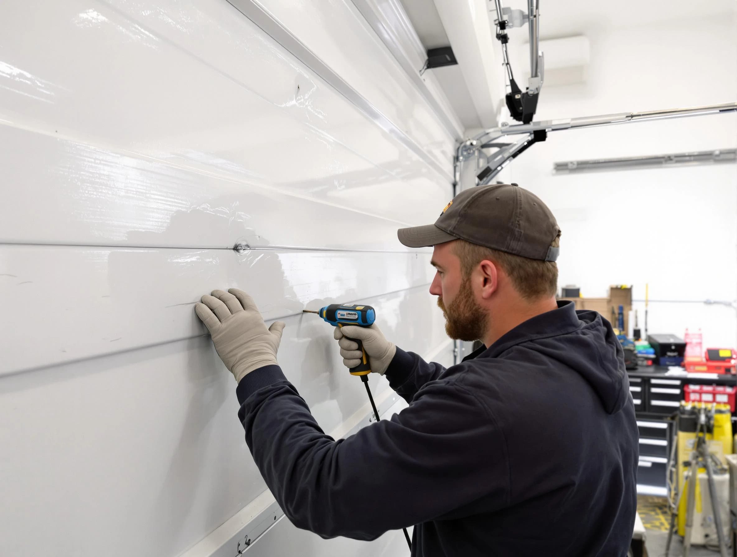 Ridgewood Garage Door Repair technician demonstrating precision dent removal techniques on a Ridgewood garage door